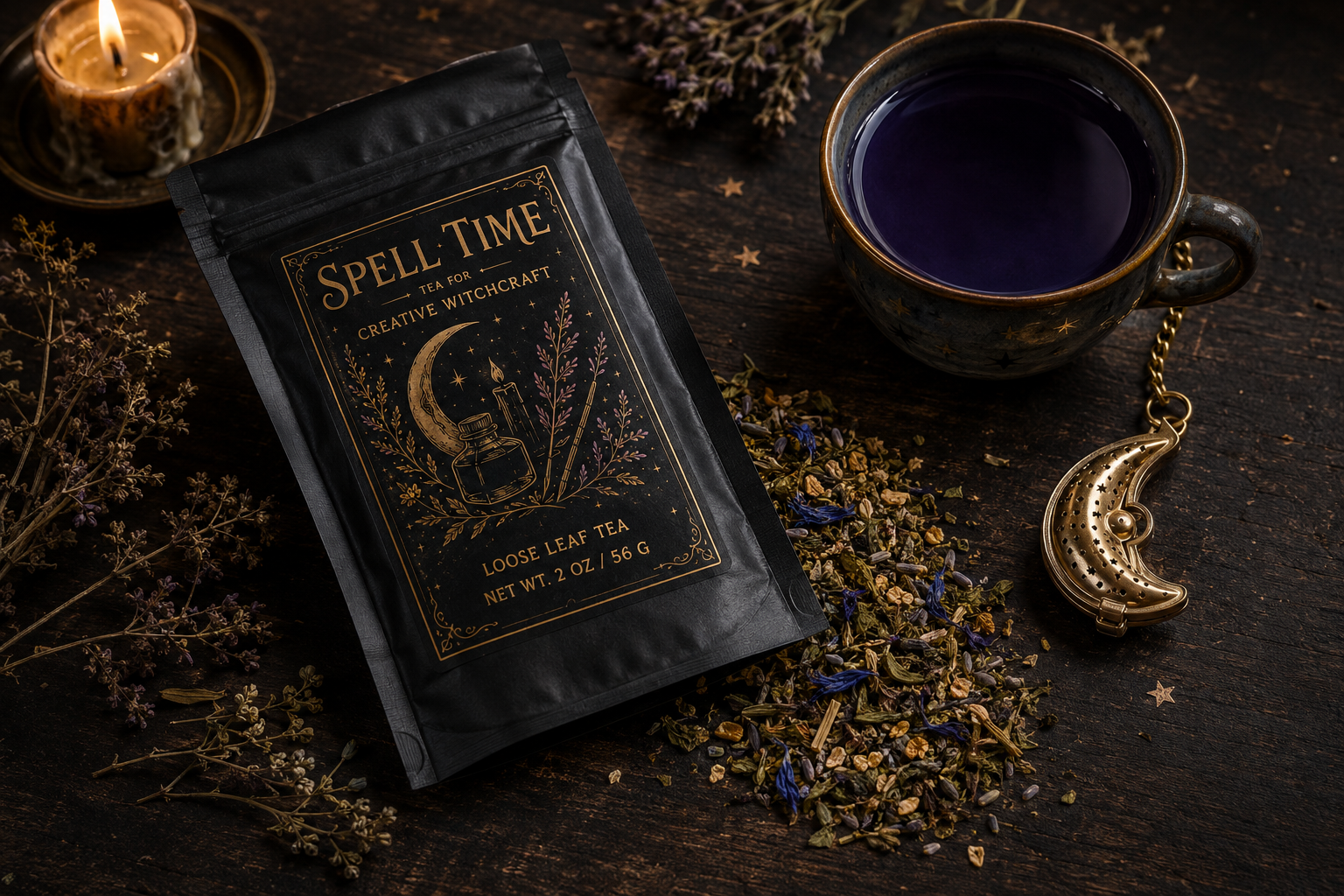 Spell Time Tea four-ounce loose-leaf pouch beside a cup of blue-violet tea and crescent moon infuser