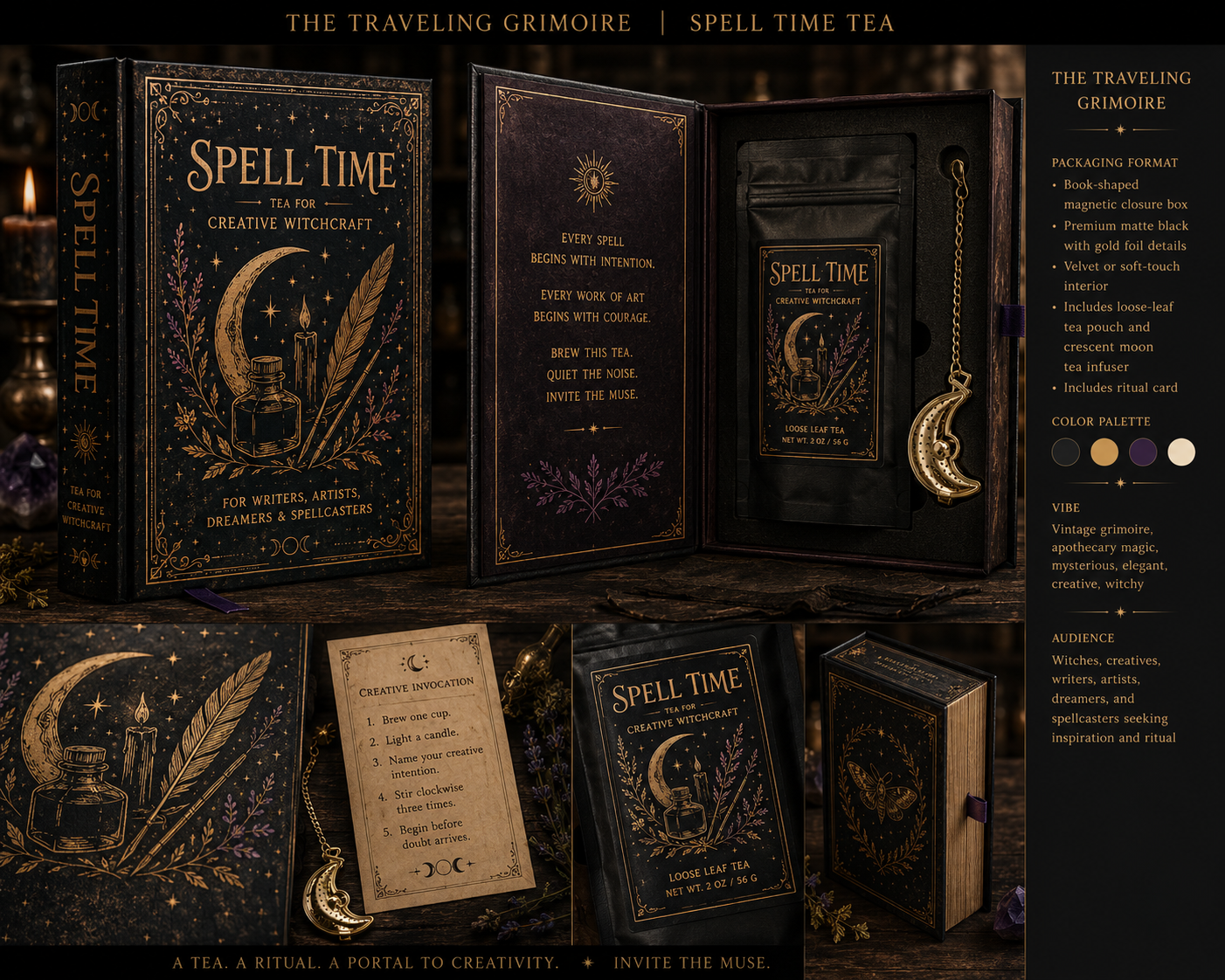 The Spell Time Traveling Grimoire tea gift set, shown open with its loose-leaf tea pouch, ritual card, and crescent moon infuser